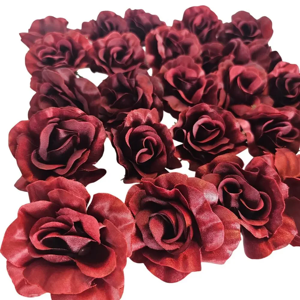 25 Burgundy Red Satin Rose Heads Stemless Wedding Floral Craft DIY 2.5in Flowers